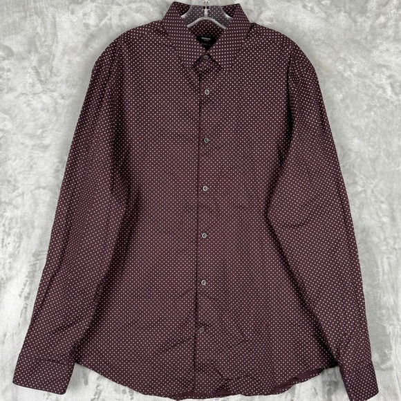 Express Other - Express Mens Burgundy Dot Print Slim Fit Long Sleeve Button Down Shirt Large
